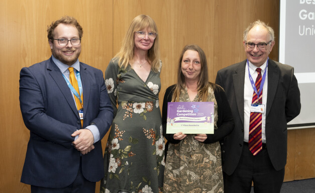 (James Owen, Shropshire Council – Portfolio Holder for Housing and Leisure, 1st Place Garden Competition Winners Sabine and Rebecca representing Unicorn Rd community (Communal Garden), Tony Deakin, Chair of STAR Housing Board)